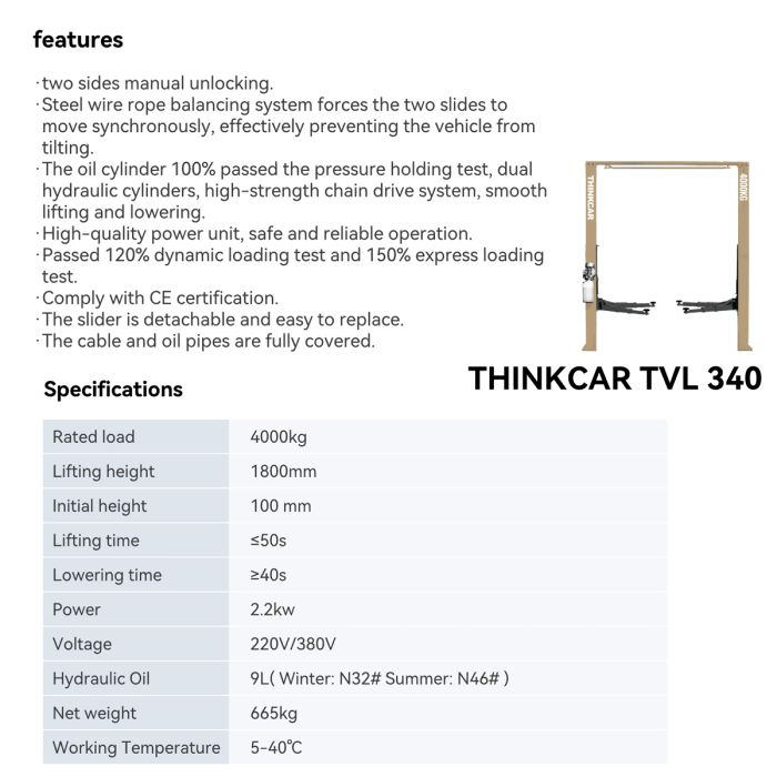 Двостійковий підйомник Thinkcar TVL 340 